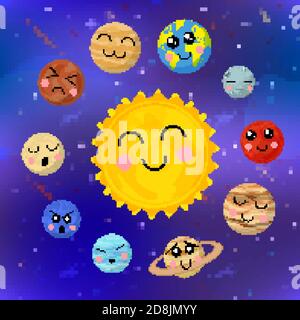 Set cartoon planets of solar system with cute faces in pixel art style on space background Stock Vector