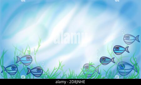 Eight fish on the ocean floor. Background with soft wave structures in different shades of blue and white like a blurred photo. Stock Vector