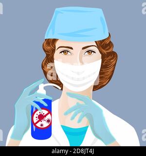 A female doctor in a medical gown and a protective surgical mask holds a disinfectant. A healthcare professional offers means to contain the spread of Stock Vector