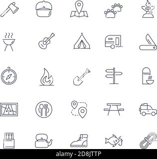 Line icons set. Camping pack. Vector illustration Stock Vector