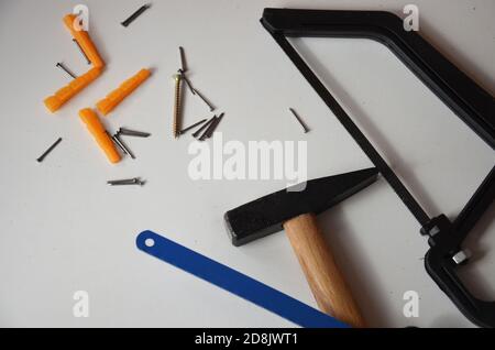 professional builder work with house renovation instruments on white background top view Stock Photo