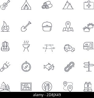 Line icons set. Camping pack. Vector illustration Stock Vector