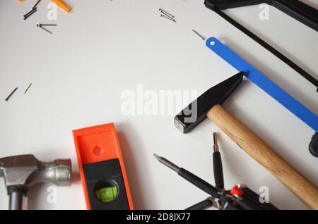 professional builder work with house renovation instruments on white background top view Stock Photo