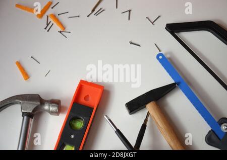 professional builder work with house renovation instruments on white background top view Stock Photo