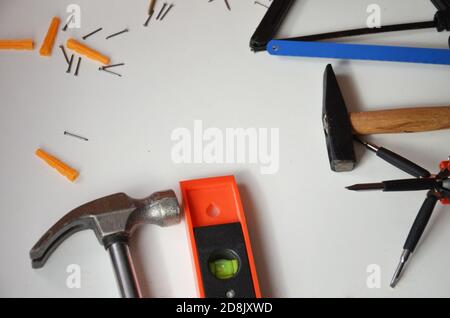 professional builder work with house renovation instruments on white background top view Stock Photo