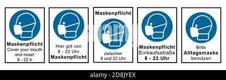 Set of signs according to DIN EN ISO 7010 all about the mask requirement. Vector file Stock Vector