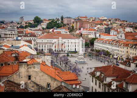 Skyline aerial view of Lisbon old city, Portugal. View to Rossio Square from viewpoint Miradouro do Elevador de Santa Justa Stock Photo