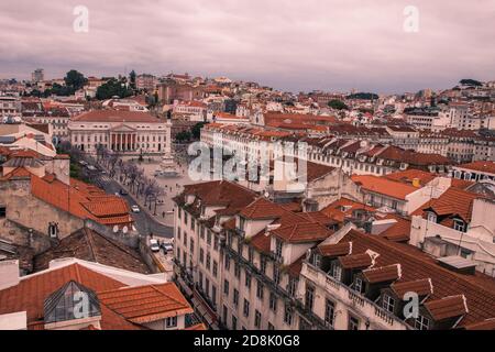 Skyline aerial view of Lisbon old city, Portugal. View to Rossio Square from viewpoint Miradouro do Elevador de Santa Justa Stock Photo