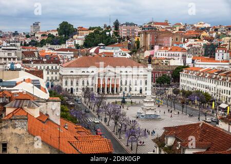 Skyline aerial view of Lisbon old city, Portugal. View to Rossio Square from viewpoint Miradouro do Elevador de Santa Justa Stock Photo