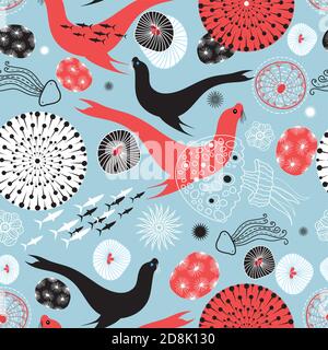 Seamless pattern with fur seals and stones on a light blue background Stock Vector