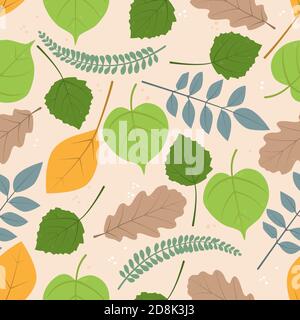 Vector seamless pattern, repeating stamp of stylized leaves of various trees Stock Vector