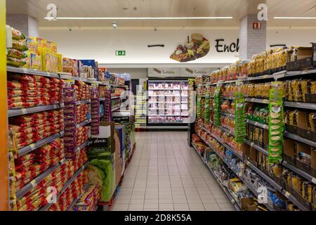 Pingo Doce Supermarket aisles in Funchal, Madeira Stock Photo
