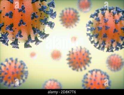 Covid-19 coronavirus particles, illustration. The new coronavirus SARS-CoV-2 (previously 2019-CoV) emerged in Wuhan, China, in December 2019. The virus causes a mild respiratory illness (Covid-19) that can develop into pneumonia and be fatal in some cases. The coronaviruses take their name from Stock Photo