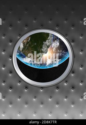 Earth from spaceship window, conceptual illustration. Stock Photo