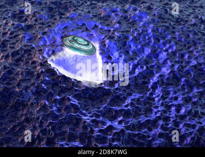 Illustration of an unidentified flying object (UFO) emerging from under the sea. Stock Photo
