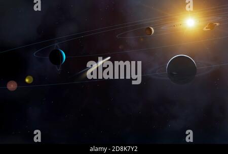 Solar system. Artwork of the outer solar system as seen from the orbit of Neptune (lower right), the outermost of the gas giant planets. The inner planets (including Earth) are hidden in the glare of the Sun (yellow, upper right). Uranus (centre left) is next in towards the Sun from Neptune, Stock Photo