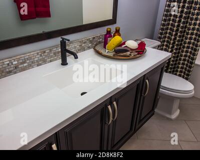 Tray Of Bath Accessories On Tray In Guest Bath Stock Photo