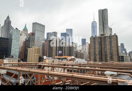Futuristic Lower Manhattan Skyscrapers, Towers and other Buildings from Brooklyn Bridge Perspective, New York City, NY, USA Stock Photo
