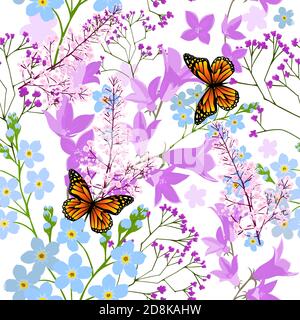 Forget-me-nots and bells seamless pattern with butterflies. Background Wildflowers. Vector illustration. Stock Vector