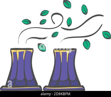 Nuclear plant with leaves icon in color drawing. Go green, environment friendly Stock Vector