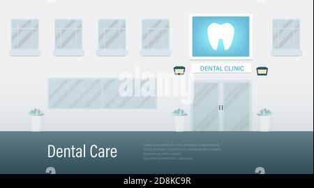 Dental care banner with dental clinic building flat design vector illustration Stock Vector
