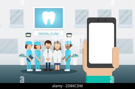 Blank screen mobile phone with dentist and medical staff flat design vector illustration Stock Vector