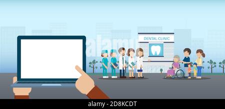 Blank screen notebook with medical staff and patients flat design vector illustration Stock Vector