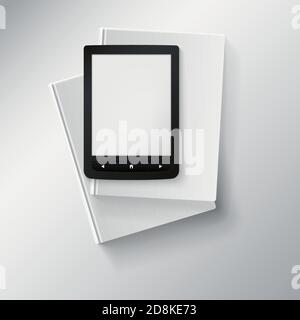 E-book lying on top of books. Illustration with place for your message or text Stock Vector