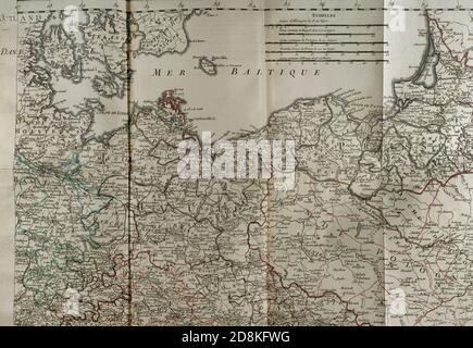 Mapa de la costa del mar Báltico, Prusia y Polonia. Detalle. Guerra de 1755 a 1763. Mapa publicado en 1765 por el cartógrafo Jean de Beaurain (1696-1771) como ilustración de los eventos que tuvieron lugar durante la Guerra de los Siete Años. Edición francesa,1765. Biblioteca Histórico Militar de Barcelona. Cataluña, España. Stock Photo