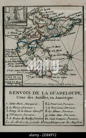 Guadalupe. Archipiélago de las Antillas, en el Mar Caribe. Los franceses tomaron posesión de la isla el 28 de junio de 1635, tras su desembarco en Pointe Allegre. Entre 1759 y 1763, durante la Guerra de los Siete Años, Inglaterra conquistó la Isla, fundando el Puerto de Pointe-a-Pitre. Toma de la isla de Guadalupe por los ingleses el 13 de abril de 1759. Grabado publicado en 1765 por el cartógrafo Jean de Beaurain (1696-1771) como ilustración de su Gran mapa de Alemania, con los eventos que tuvieron lugar durante la Guerra de los Siete Años. Guerra de 1755 a 1763. Edición francesa,1765. Bibiot Stock Photo