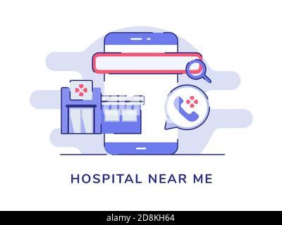 Hospital near me concept hospital building on display smartphone screen white isolated background with flat color outline style Stock Vector