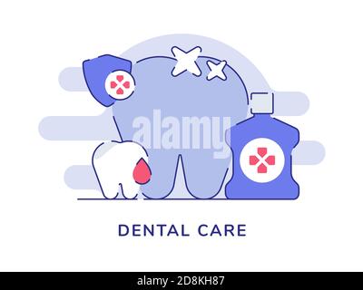 Dental care concept shiny tooth shield protection infection inflammation moth wash bottle white isolated background with flat color outline style Stock Vector