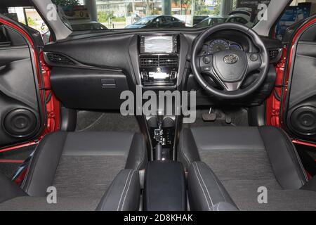 Phayao, Thailand - Sep 13, 2020: Steering Wheel and Car Dashboard and Console and Automatic Gear Handle and Front Seat of Toyota Yaris Ativ 2020 in Zo Stock Photo