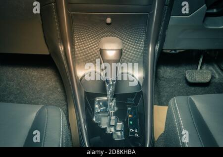 Gray Automatic Gear Handle of Car in Zoom View in Vintage Tone Stock Photo