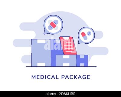 Medical package box pharmacy drug health equipment white isolated background with flat color outline style Stock Vector
