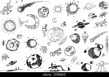 many hand drawn sketches of topics regarding planets and space flight with rockets and space stations and stars and ufos Stock Vector