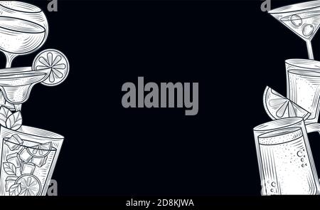 alcohol drink cocktail glasses with on black background, thin line style icon vector illustration Stock Vector