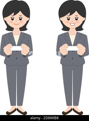 Business woman wearing a pantsuit with black hair handing over a business card. Vector illustration isolated on white background. Stock Vector