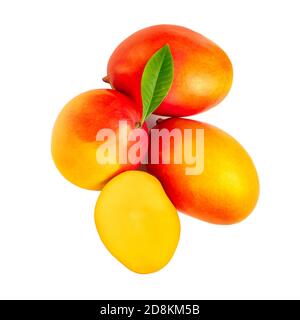 Mango isolated on white background.  Tropical concept. Pile of Fresh mango fruits with green leaf  Close up. Top view Stock Photo