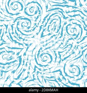 Vector blue seamless pattern drawn with a brush for decor isolated on a white background.Smooth lines with torn edges in the form of spirals of Stock Vector