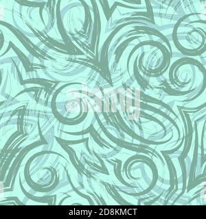 Vector green seamless pattern of waves or swirl drawn with a brush for decor on a turquoise background.Smooth uneven lines in the form of spirals of Stock Vector