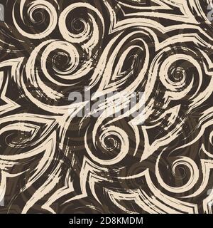 Vector beige seamless pattern of waves or swirl drawn with a brush for decor on a brown background.Smooth uneven lines in the form of spirals of Stock Vector