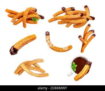 Churros collection  isolated  on a white background. Set of  Churro sticks, traditional Spanish snack Stock Photo