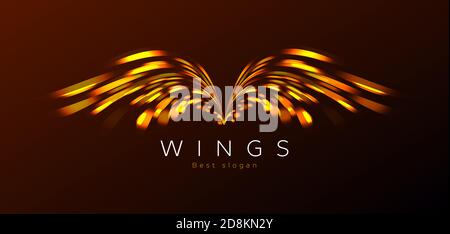 Golden wings made of sparkling lights, blurred flares, logo identity, digital design element Stock Vector