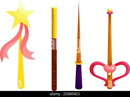 Magic wands cartoon flat vector illustrations set Stock Vector