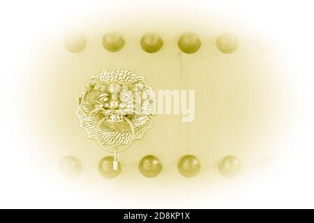 Sepia or yellowish image of traditional chinese or japanese door with brass lion head, door knockers, and ornamental studs, in major entrance of a roy Stock Photo