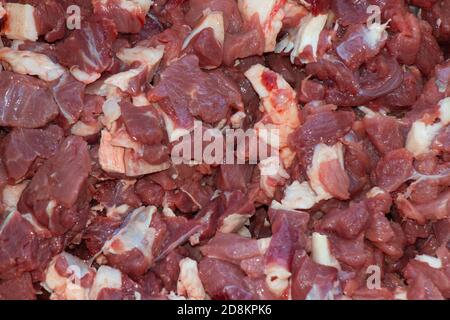 Fresh chopped beef meat. Fresh raw diced red beef meat. Meat background. Stock Photo