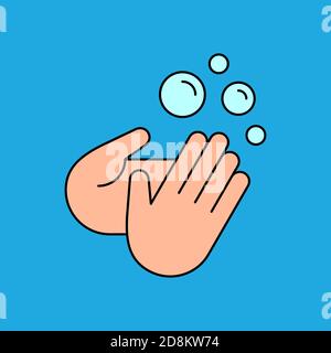 Wash your hands sign. Washing hands color icon. Human palms and soap bubbles. Antivirus and antibacterial protection. Personal hygiene. Vector Stock Vector