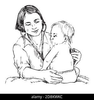 Baby and pediatrician, listening with stethoscope, hand drawn doodle, sketch, black and white illustration Stock Photo