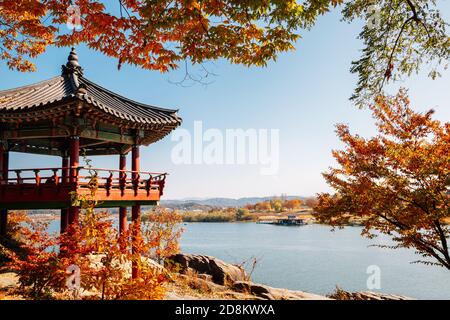 Silleuksa Temple Korean traditional pavilion with Namhan River at autumn in Yeoju, Korea Stock Photo